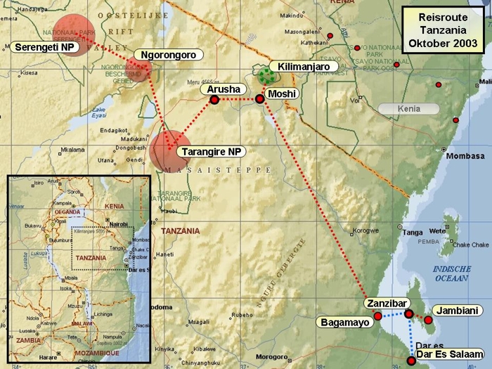 Reisroute / Kaart In oktober 2003 bezocht ik Tanzania met de reisorganisatie Joker. Op het programma stonden enkele safari's in de mooiste wildparken van Afrika (Tarangire, Serengeti, Ngorongoro), de beklimming van de hoogste top van Afrika, de Kilimanjaro (5895m) en het verkennen van het kruideneiland Zanzibar voor de kust van Tanzania. Stefan Cruysberghs